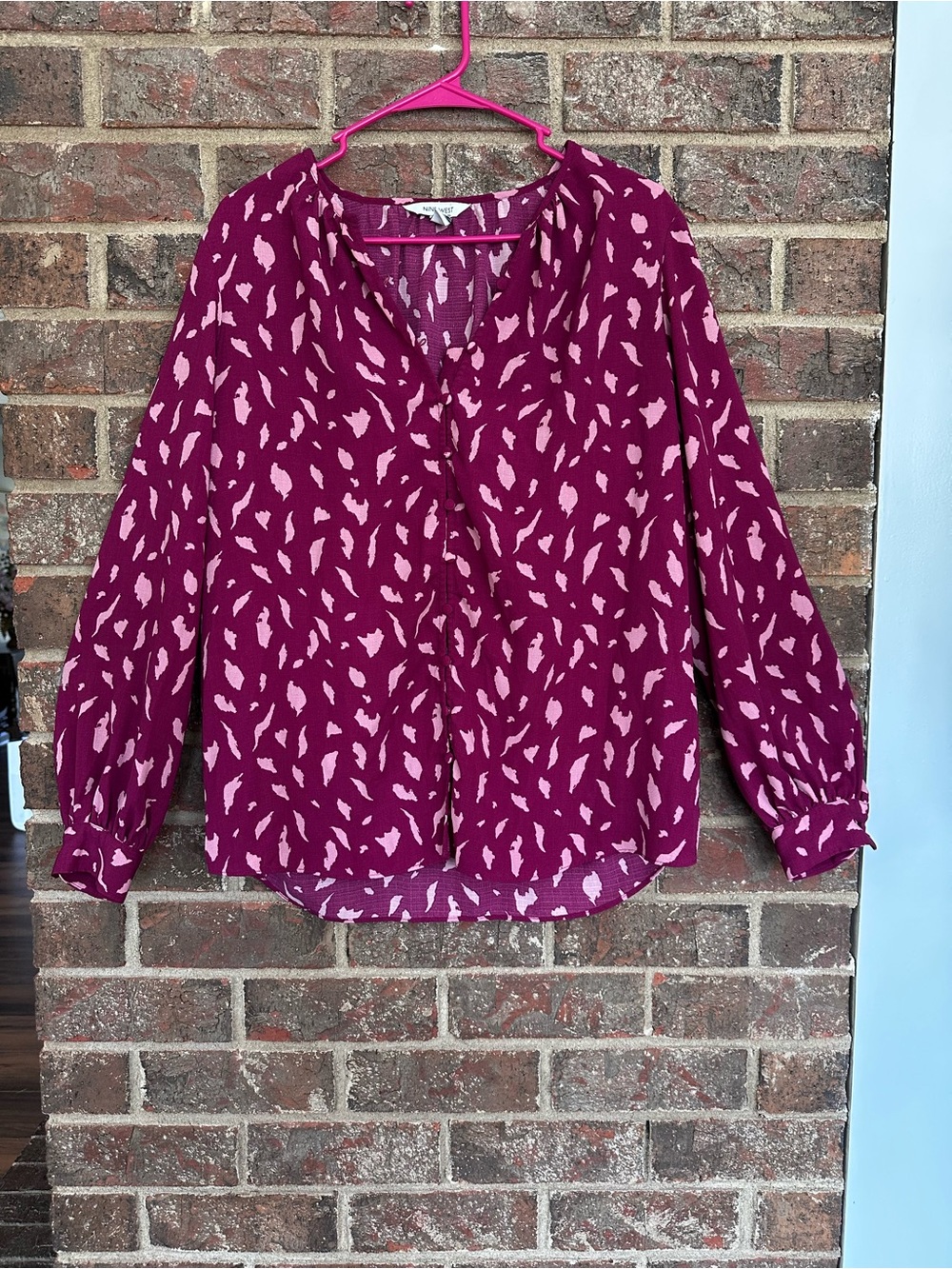 Nine West Plum Purple Abstract Animal Print Button Front Blouse M